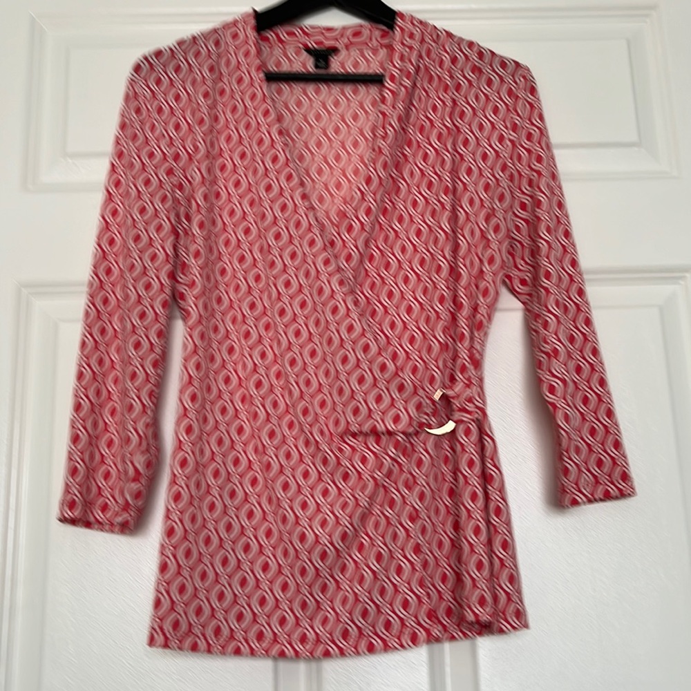 Ann Taylor Coral Color Blouse with White Design and Gold Accent at Waist, Size M